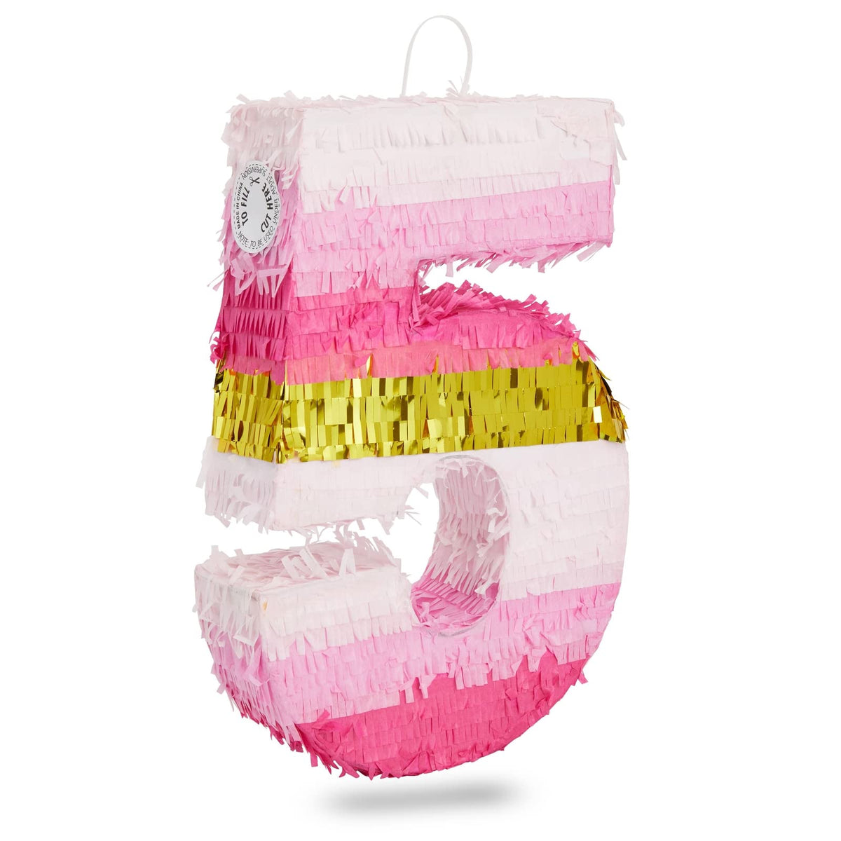 Blue Panda Number 5 Pinata front view in pink and gold foil for parties
