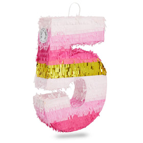 Blue Panda Number 5 Pinata front view in pink and gold foil for parties