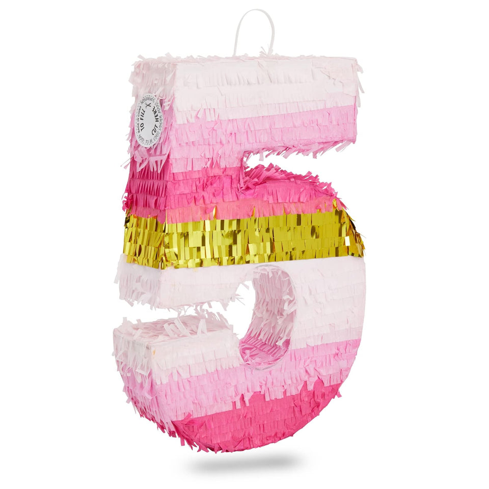 Blue Panda Number 5 Pinata front view in pink and gold foil for parties