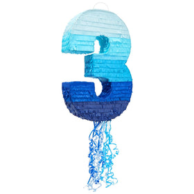 Blue Panda Ombre Blue Number 3 pinata hanging for ocean-themed party decor.