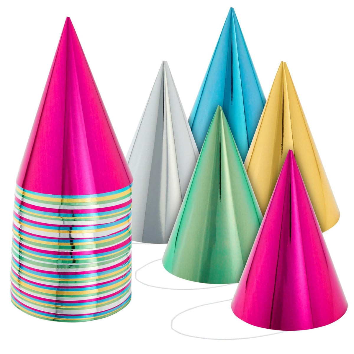 Blue Panda party hats in metallic colors for a vibrant birthday setup.