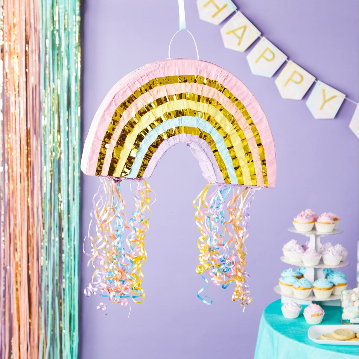 Blue Panda pastel rainbow pinata close-up tissue paper texture adds festive appeal.