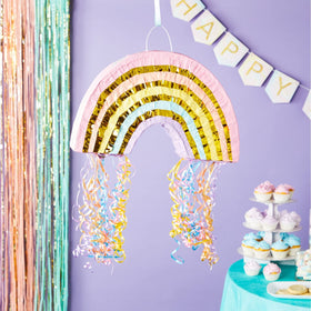 Blue Panda pastel rainbow pinata close-up tissue paper texture adds festive appeal.