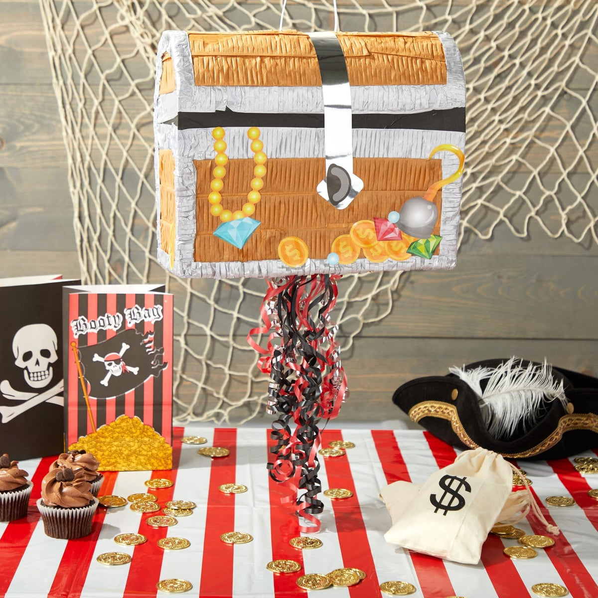 Blue Panda pirate treasure pinata closeup design showcases vibrant graphics.