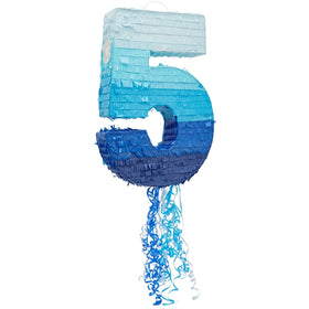 Blue Panda pull-string pinata Number 5 in ombre blue for a festive 5th birthday centerpiece