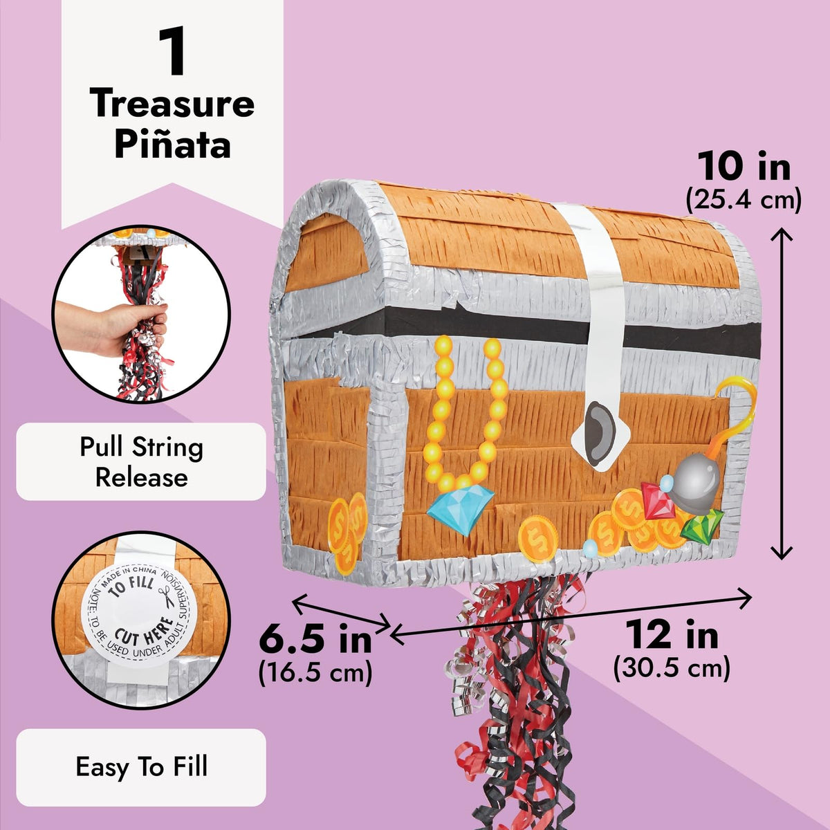 Blue Panda pull-string treasure chest pinata fill hole demonstrates easy filling.