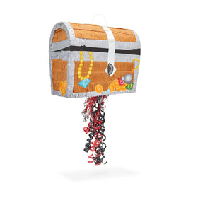 Blue Panda pull-string treasure chest pinata hanging for pirate party decor.