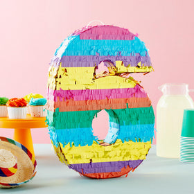 Blue Panda Rainbow Number 6 pinata hanging setup ready indoors or outdoors.