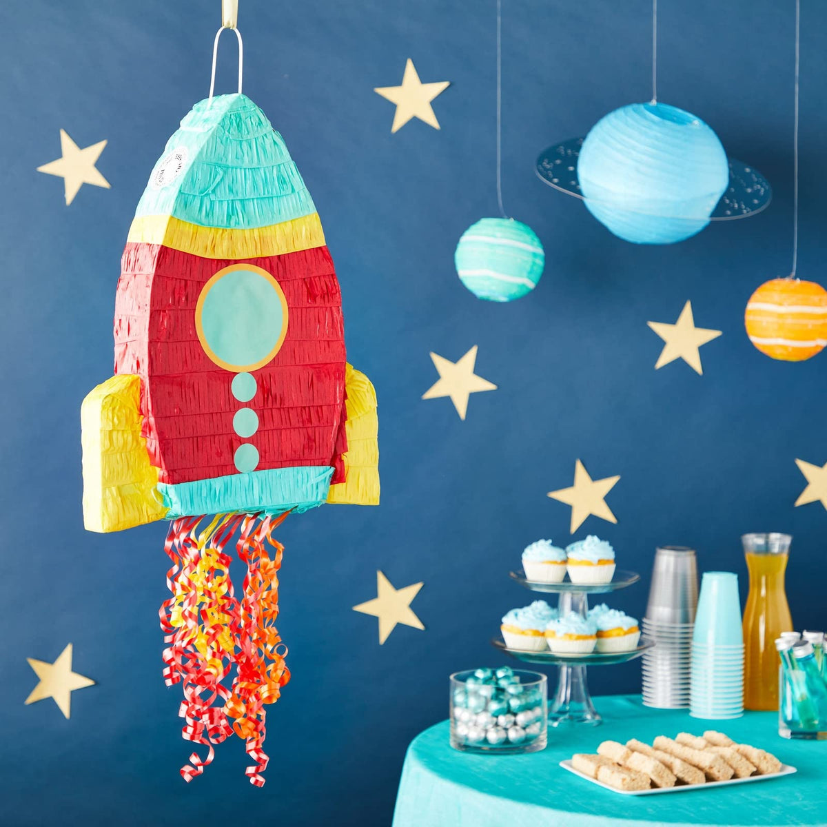 BLUE PANDA space birthday decor pinata enhances space-themed celebrations.