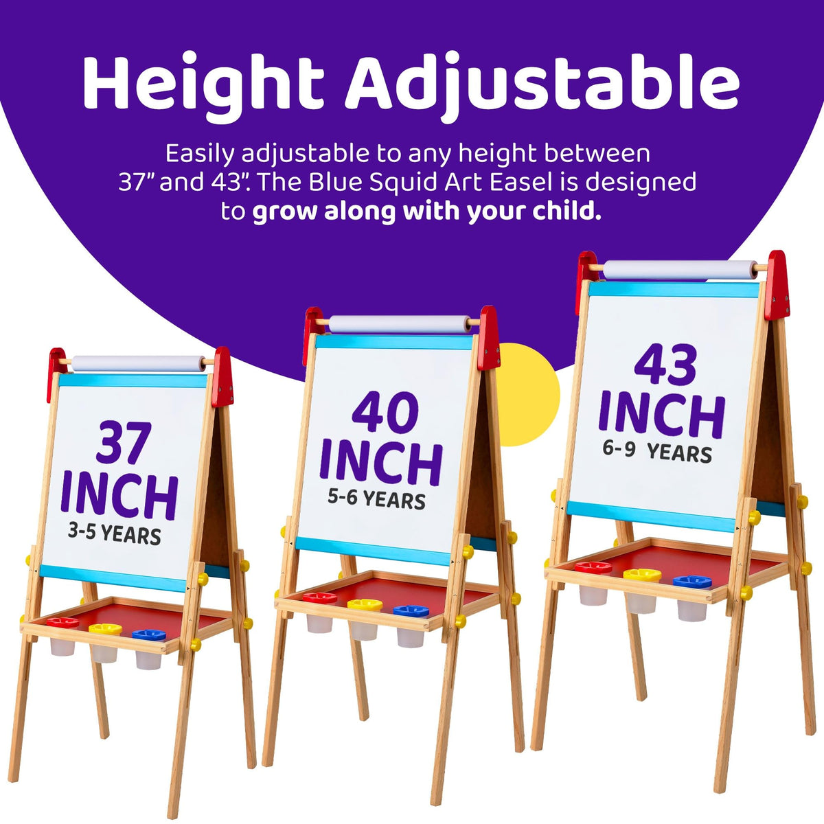 Blue Squid easel height adjusts from 37 to 43 inches to grow with kids.
