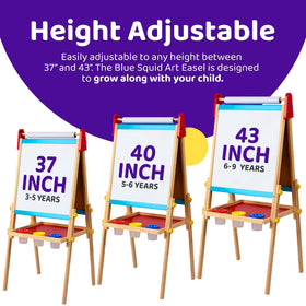 Blue Squid easel height adjusts from 37 to 43 inches to grow with kids.