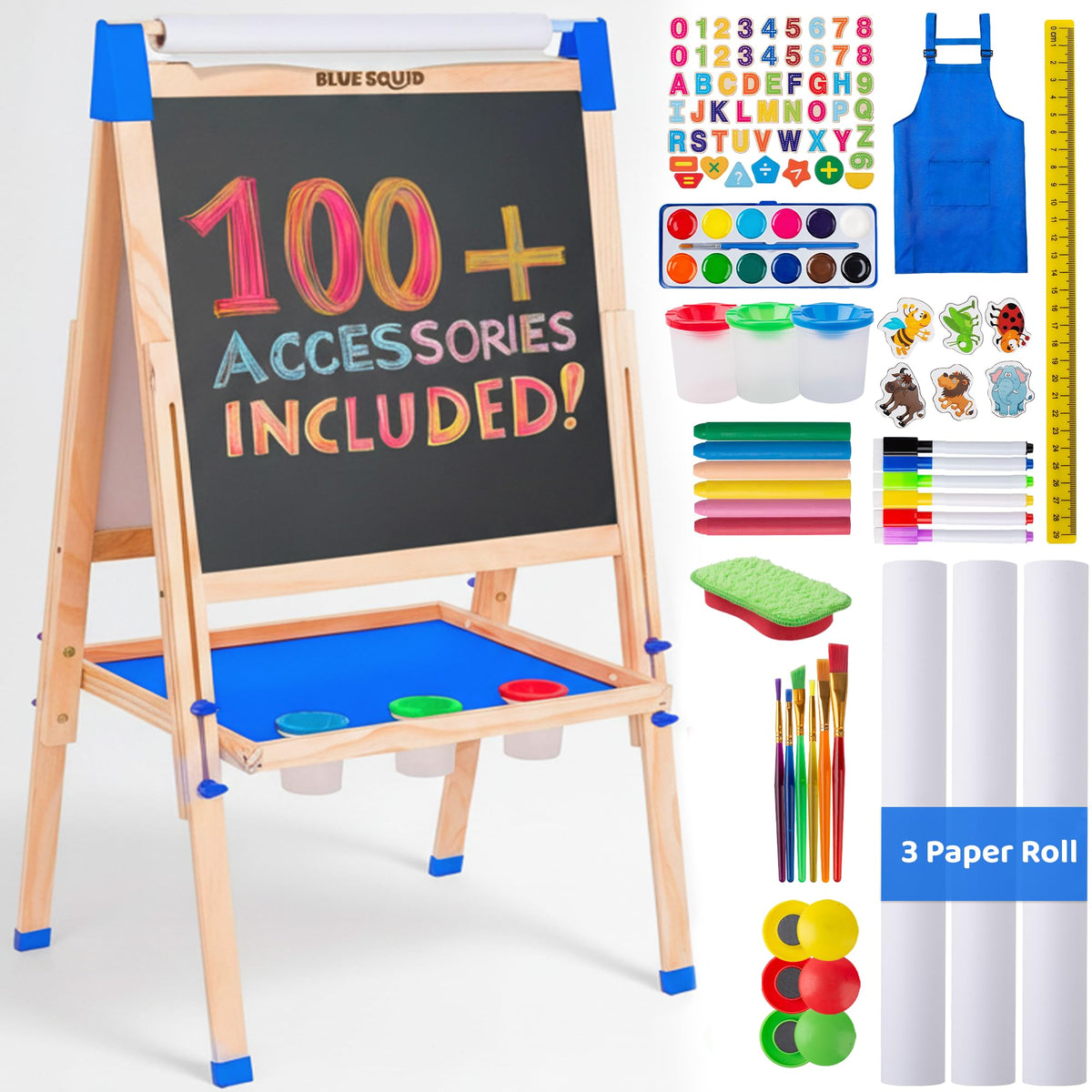 Blue Squid Art Easel with double-sided chalkboard and whiteboard for versatile learning.