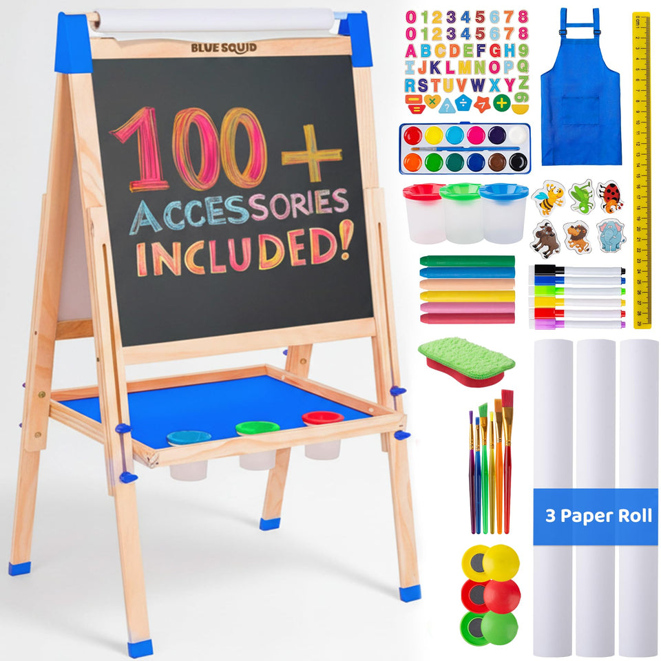 Blue Squid Art Easel with double-sided chalkboard and whiteboard for versatile learning.