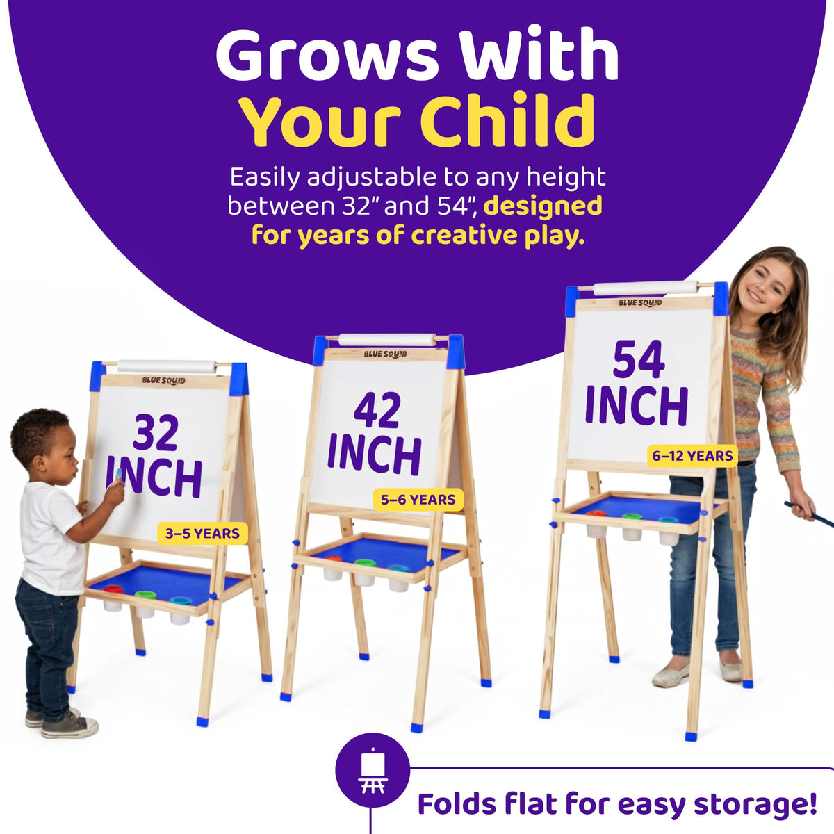 Blue Squid Art Easel has adjustable height from 37 to 43 inches to grow with your child.