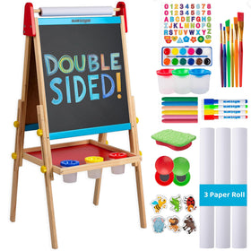 Blue Squid art easel with paper rolls for colorful projects.