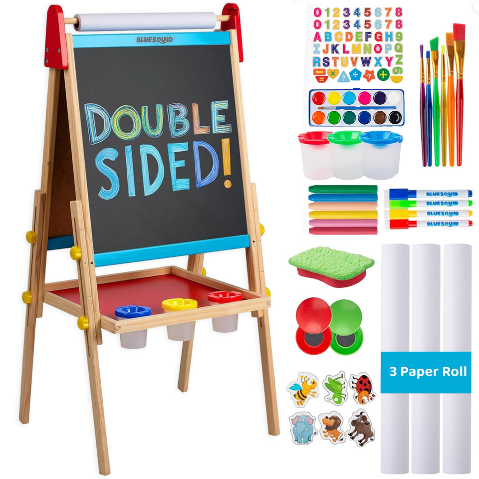 Blue Squid art easel with paper rolls for colorful projects.