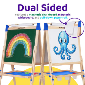 Blue Squid Art Easel showing magnetic paper-roll holders for tidy projects.