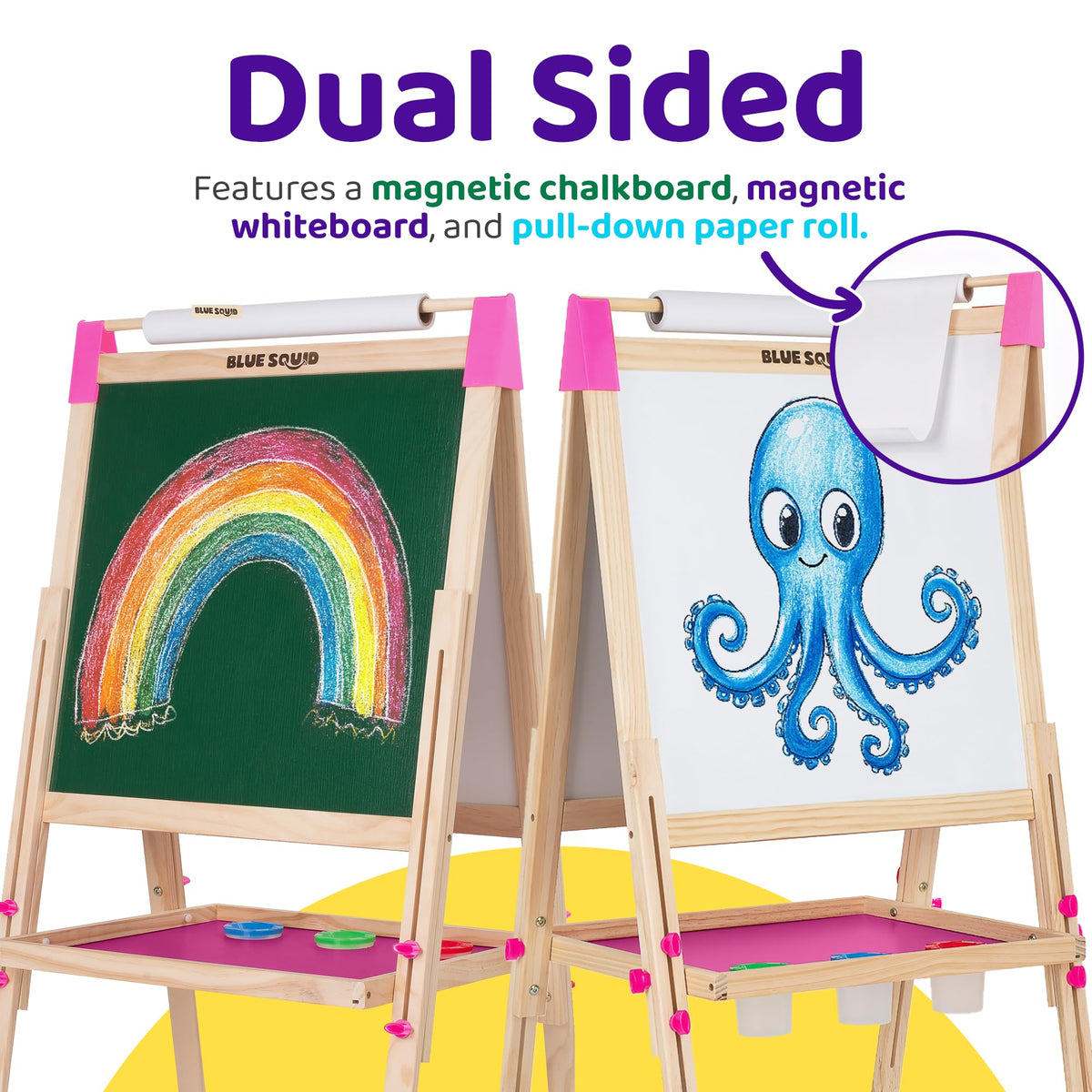 Blue Squid easel showing paper roll storage and setup