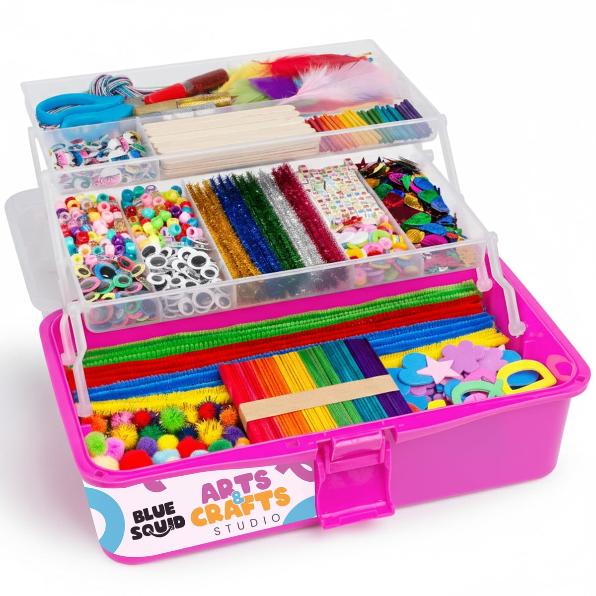 Blue Squid Arts and Crafts Box with pink lid keeps supplies organized for kids.