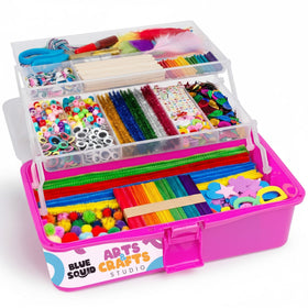 Blue Squid Arts and Crafts Box with pink lid keeps supplies organized for kids.