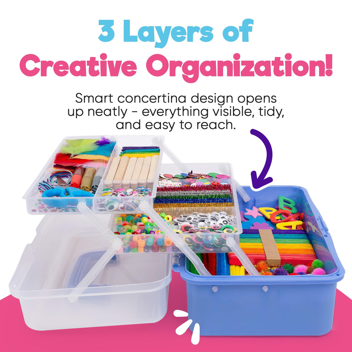 Blue Squid Arts & Crafts Box Purple 18-compartment layout helps organize beads, buttons, and gems