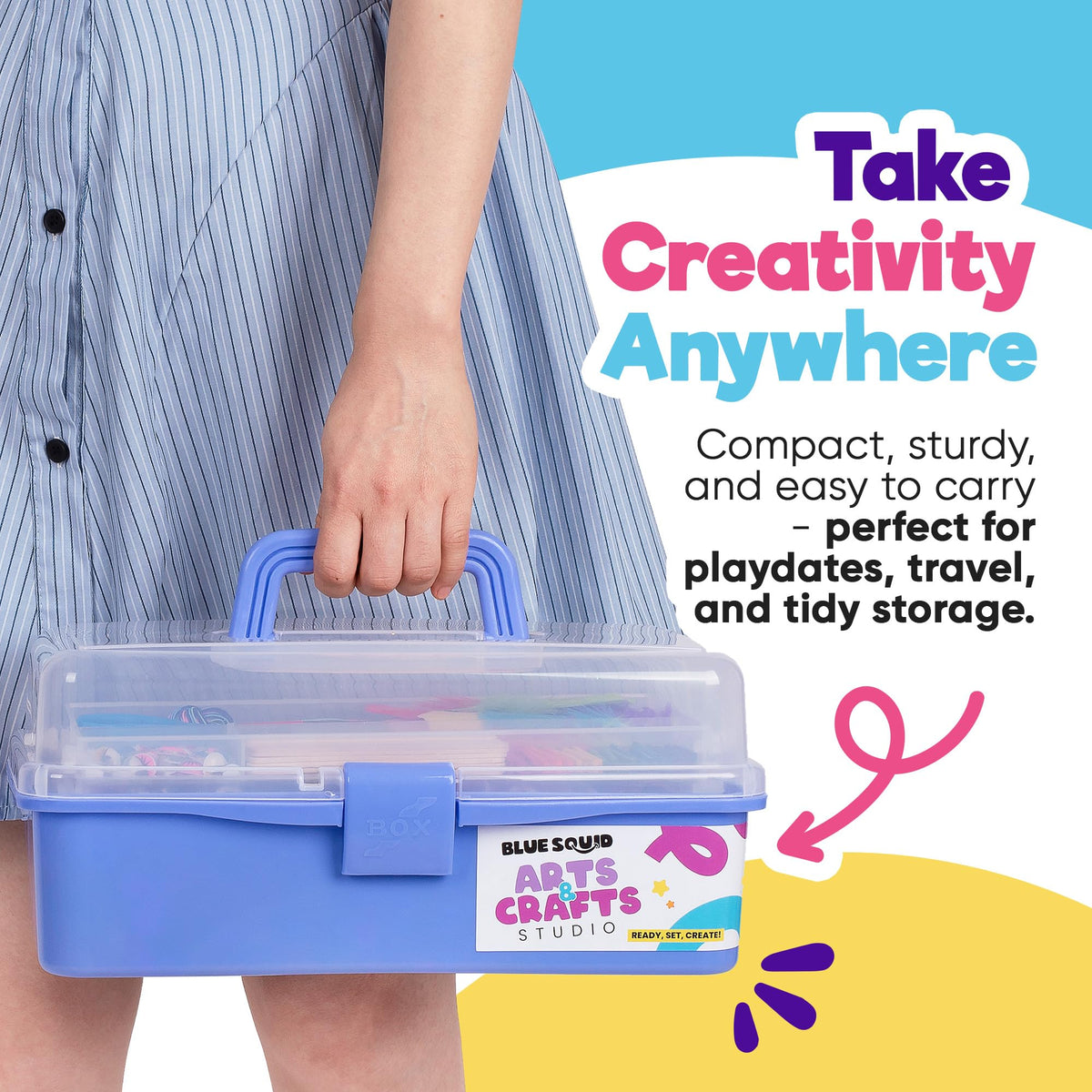 Blue Squid Arts & Crafts Box Purple includes beads, glitter glue, and sequins for creative projects