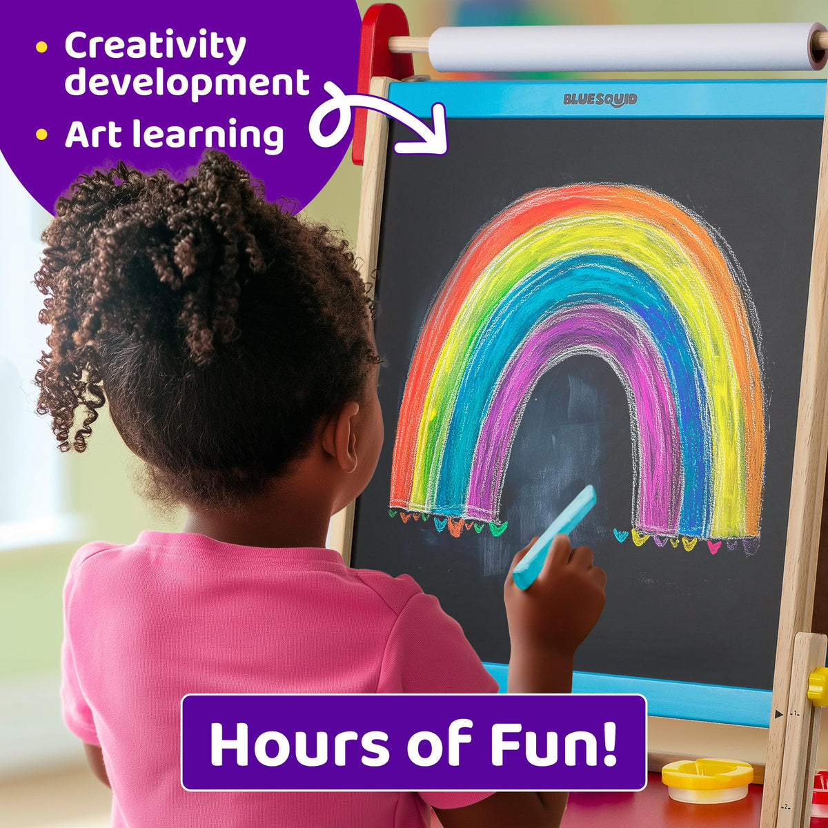 Blue Squid easel in use during a kid drawing session.