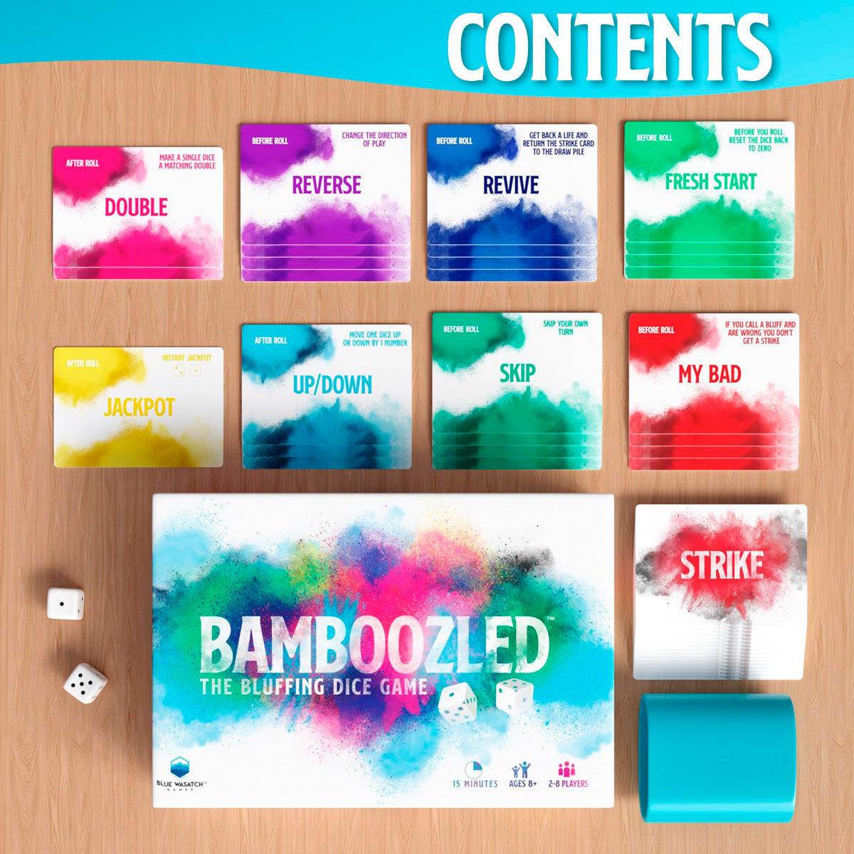 Blue Wasatch Games Bamboozled strike cards laid out for quick decisions.