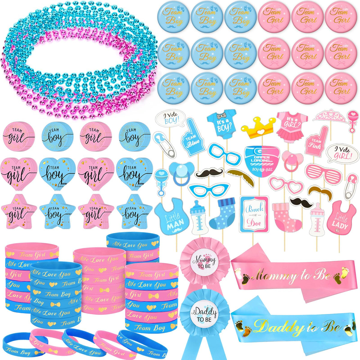 Bluegogo 202-pcs gender reveal bracelets pack provides durable, colorful party favors for guests.