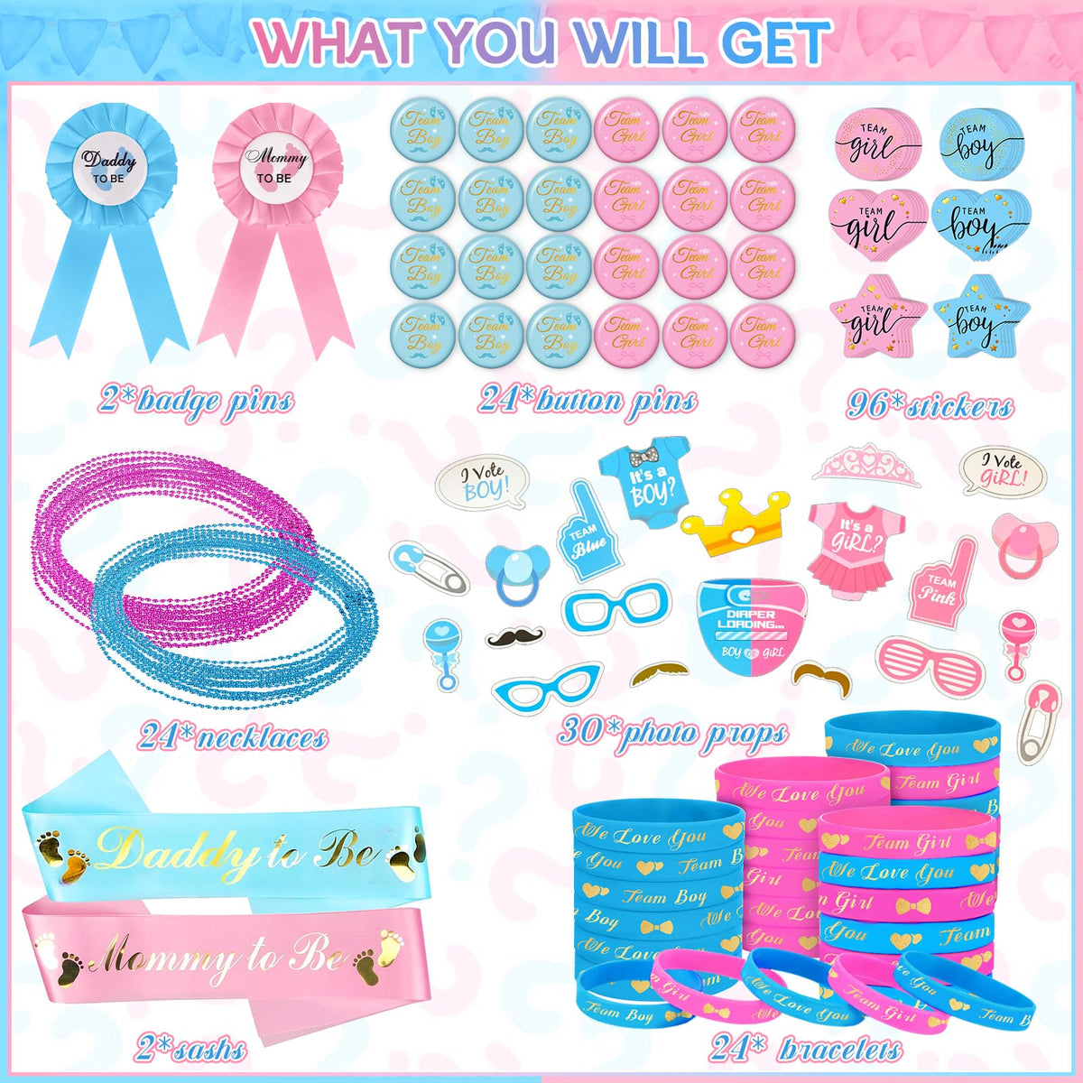 Bluegogo daddy mommy to be badge pins highlight parents-to-be at the party.