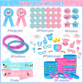 Bluegogo daddy mommy to be badge pins highlight parents-to-be at the party.