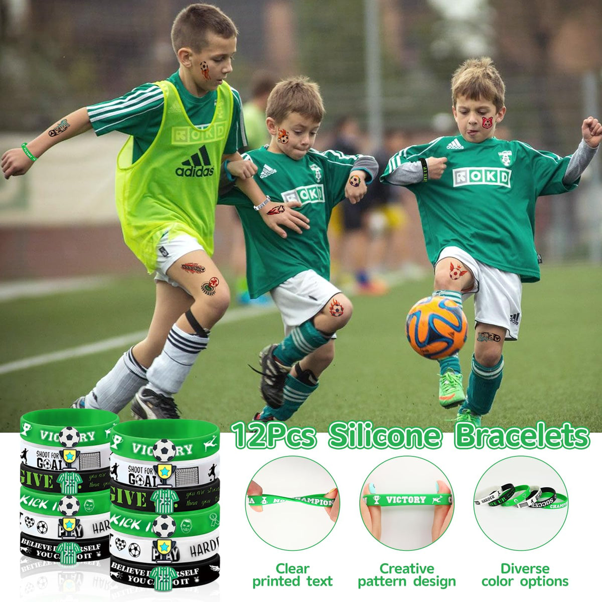 Bluegogo soccer shoe charms decorate footwear for a themed party vibe.