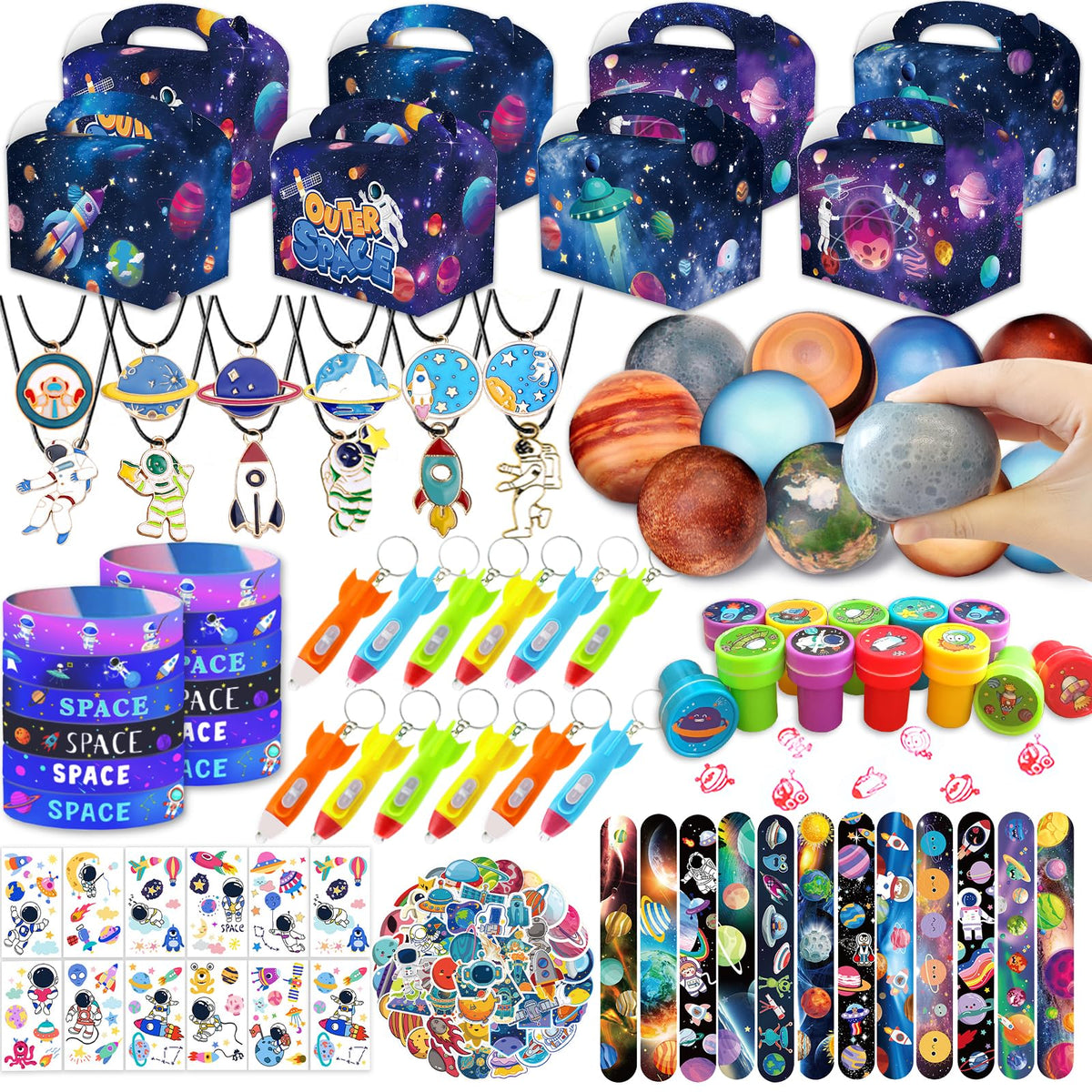 Bluegogo space party gift boxes add color to galaxy birthday celebrations.
