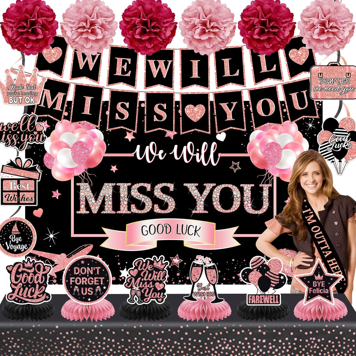 Bluegogo We Will Miss You banner adds bold rose gold flair for a memorable farewell