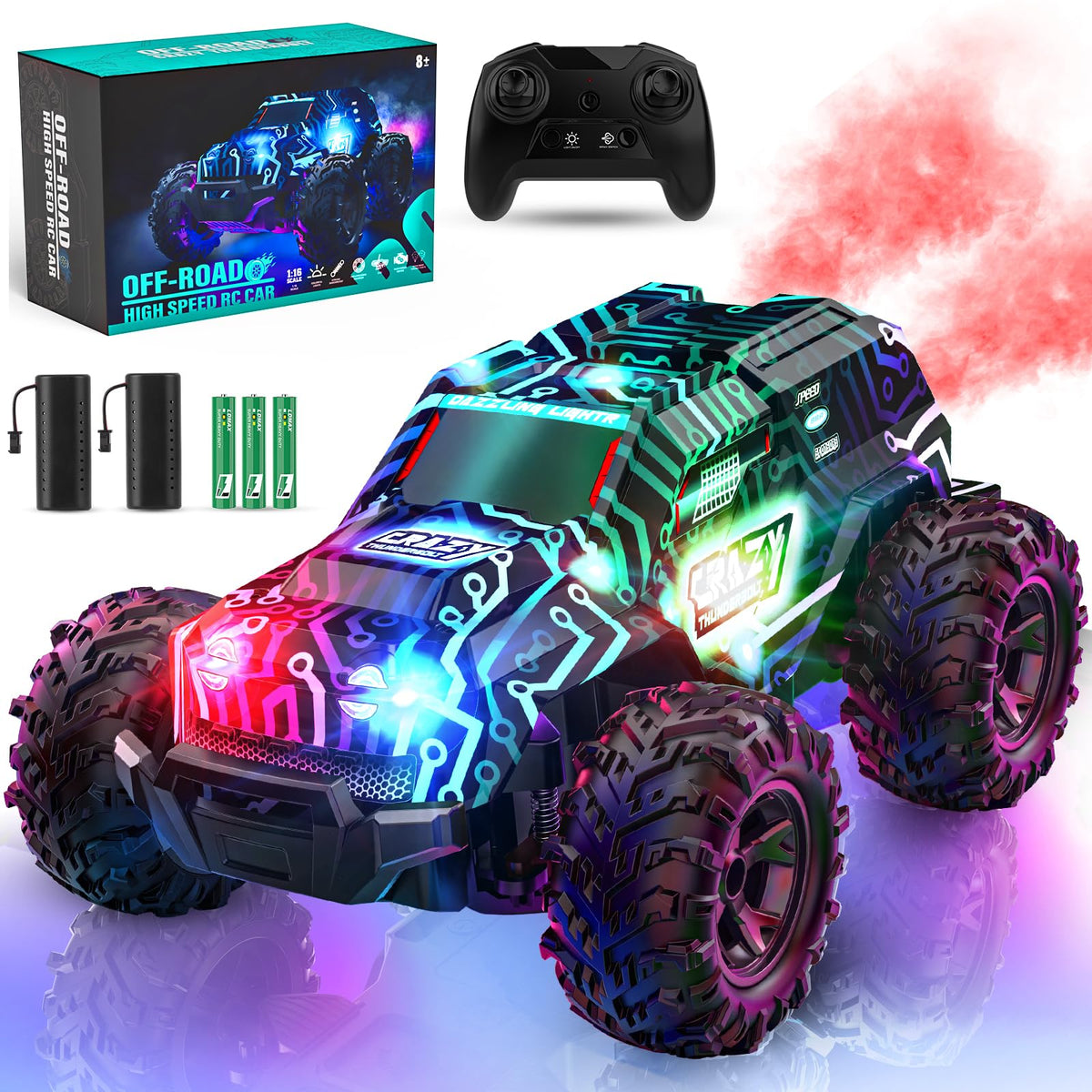 Bluejay RC car with LED color modes for vibrant night visuals.