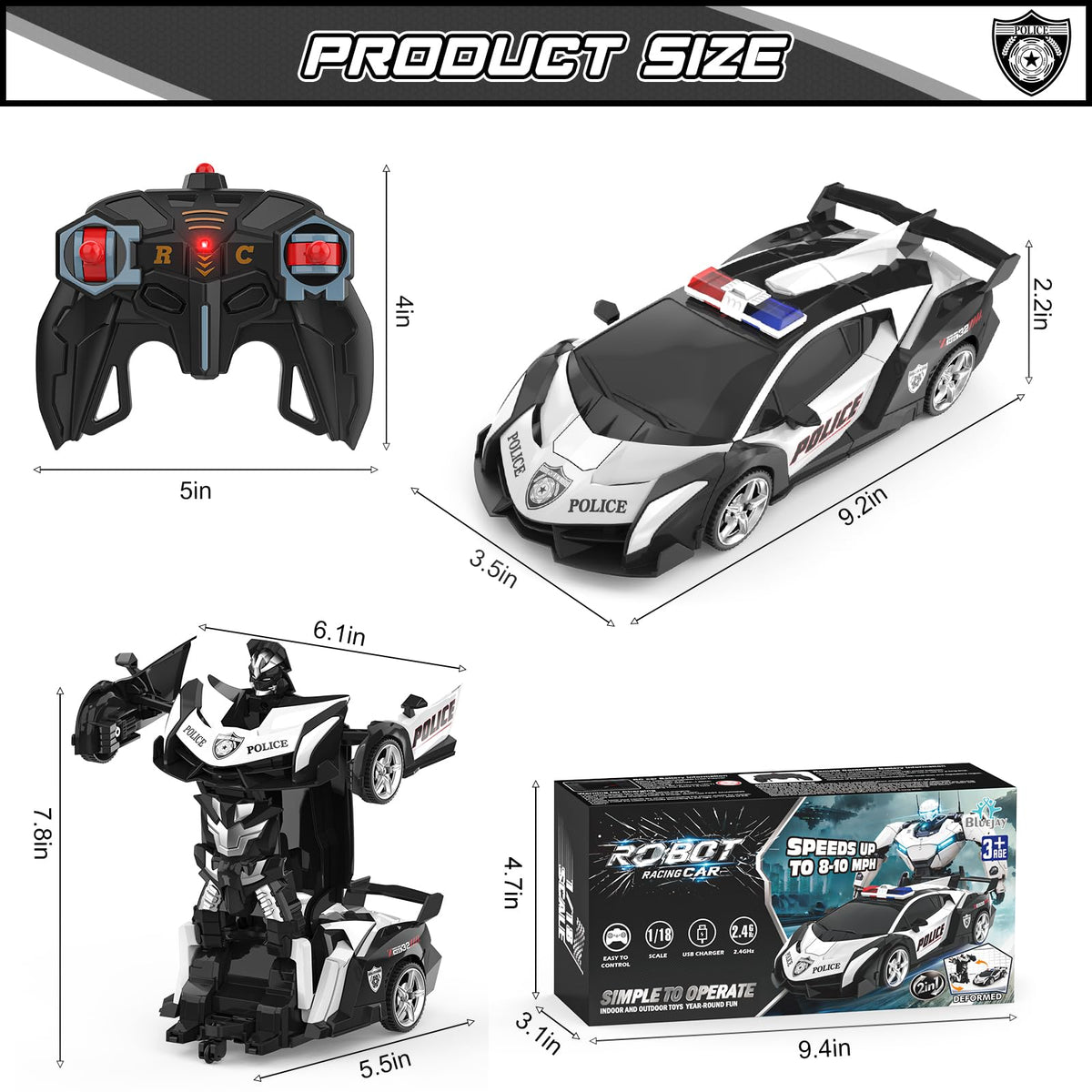 BLUEJAY Transform RC Car durable ABS plastic for lasting play.