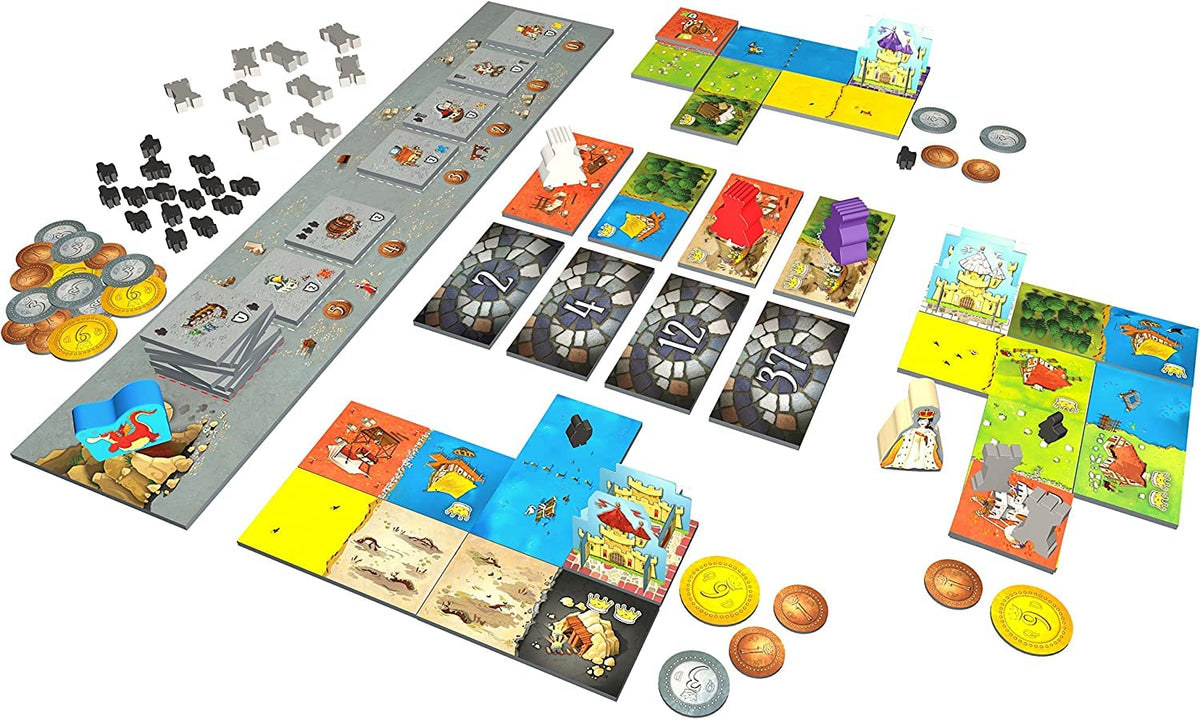 Blue Orange Queendomino knights and coins highlight resources for smart strategic decisions.