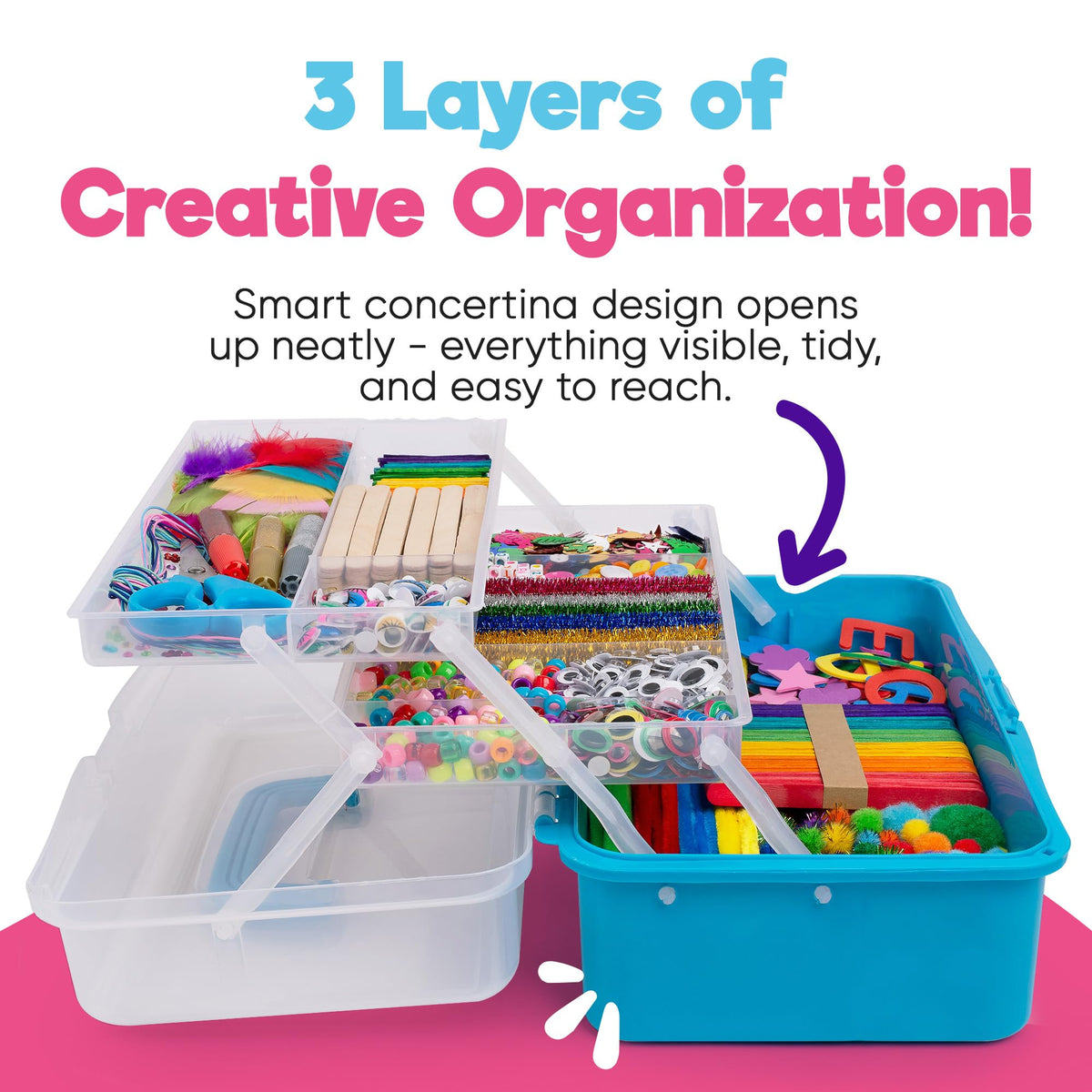 Blue Squid all-in-one craft set with 2800+ pieces inspires varied, colorful projects at home.