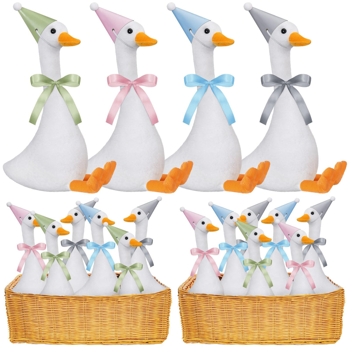 Blueweenly birthday hats in pink, blue, olive green, gray complement the goose decor.