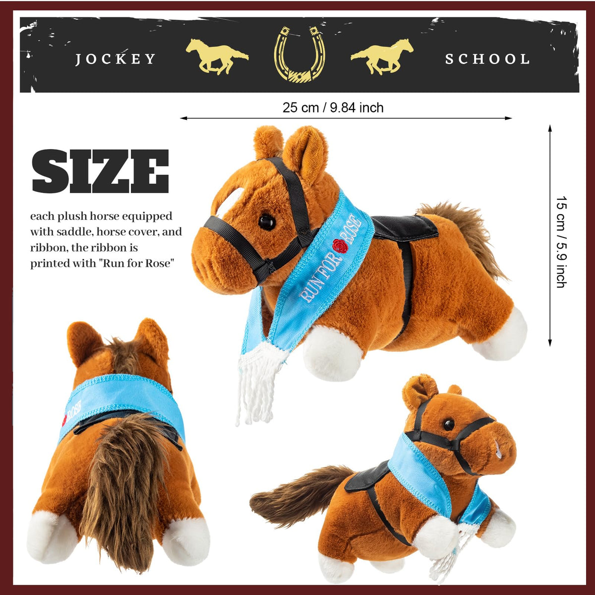 Blueweenly Derby horse features Run for Rose ribbon, evokes Derby tradition and celebration.
