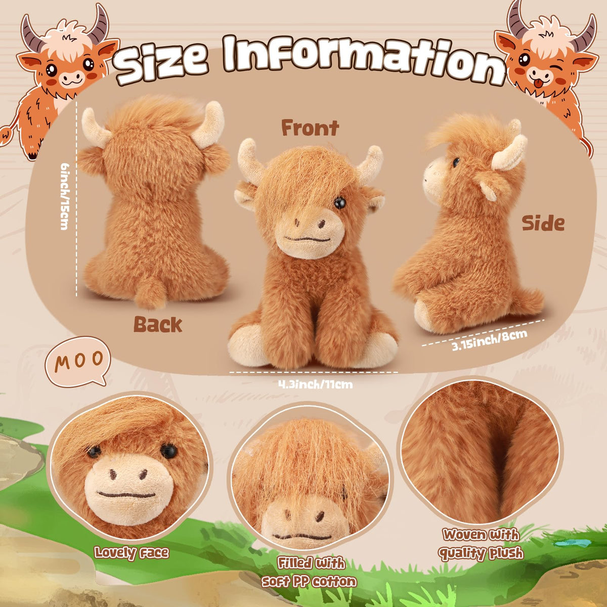 Blueweenly Highland cow plush 6-inch decor toy for birthday parties