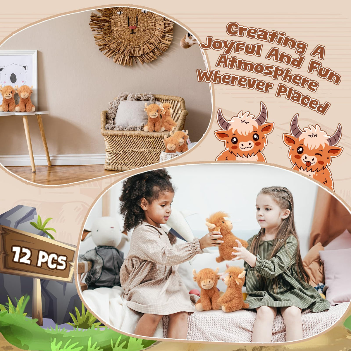 Blueweenly Highland Cow plush soft fabric, durable and cozy for playtime and bedtime comfort.