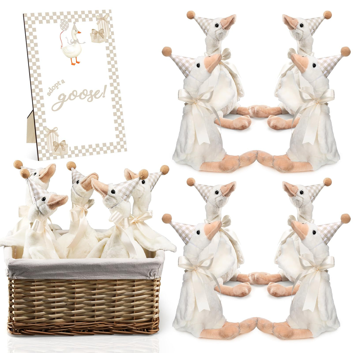 Blueweenly eight plush geese for whimsical first birthday decor and photos.