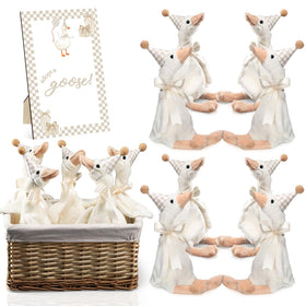 Blueweenly eight plush geese for whimsical first birthday decor and photos.