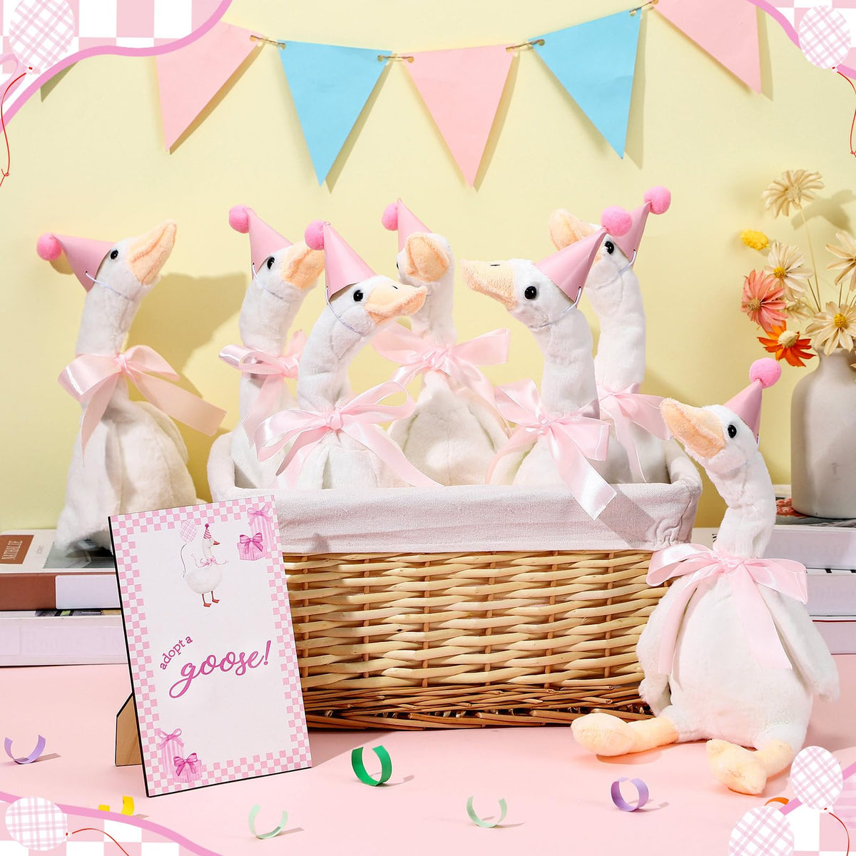 Blueweenly pink hats add cute flair to the goose birthday theme.
