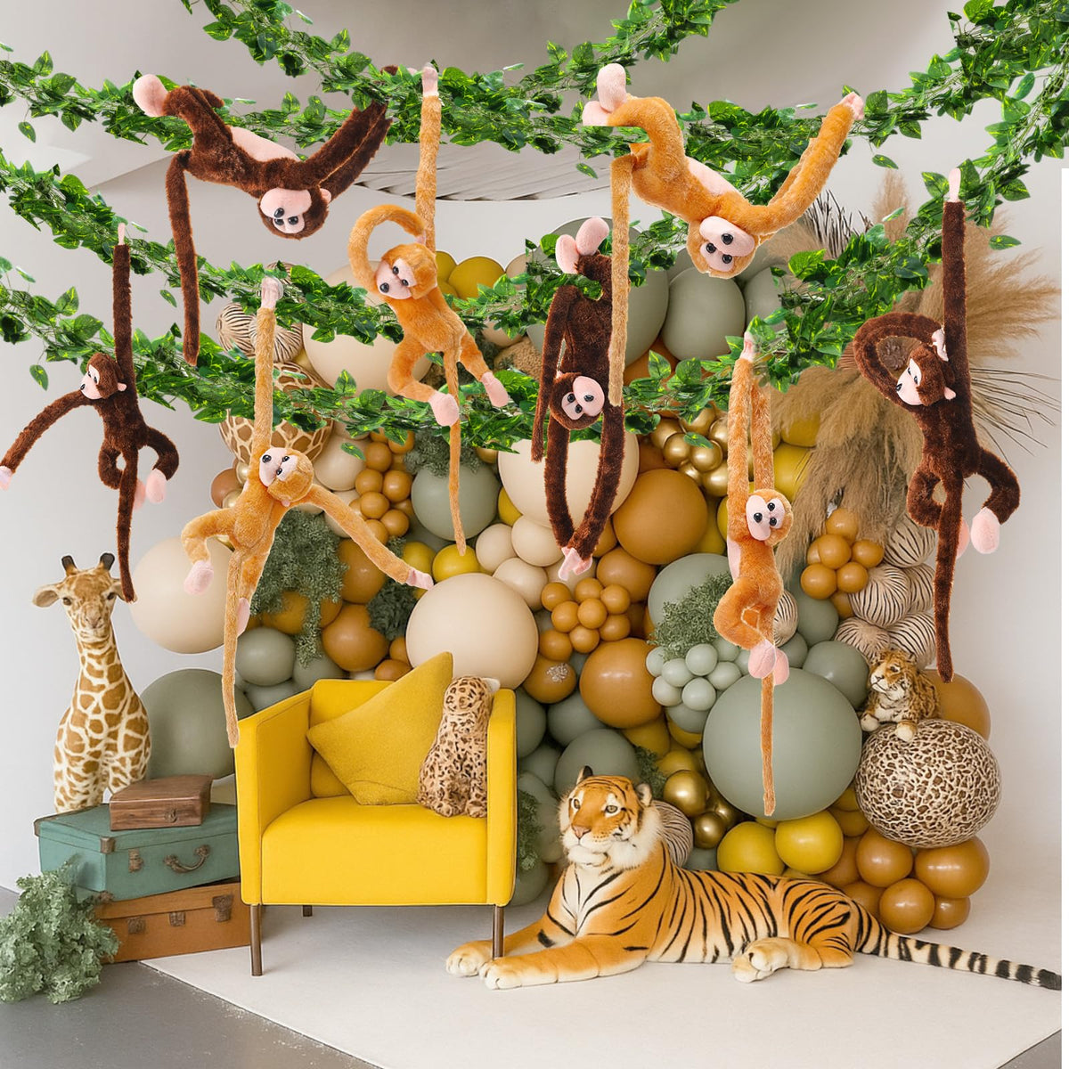 Blueweenly safari party decor brings whimsical monkey accents to birthdays and events.