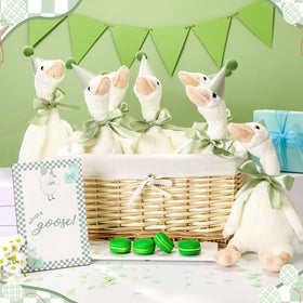 Blueweenly sage green hats pair with geese for a cohesive theme.