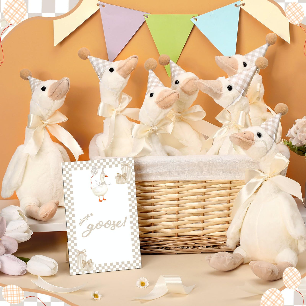 Blueweenly beige hats complete the theme with cute, cohesive party accents.