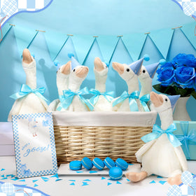 Blueweenly sky blue hats adorn the geese for a coordinated party look