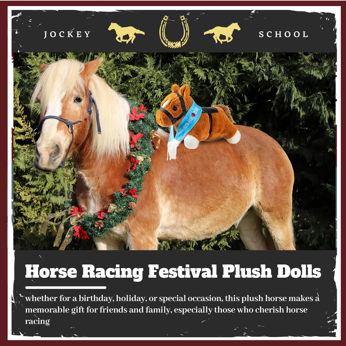 Blueweenly soft polyester derby horse is durable for cuddles and display.